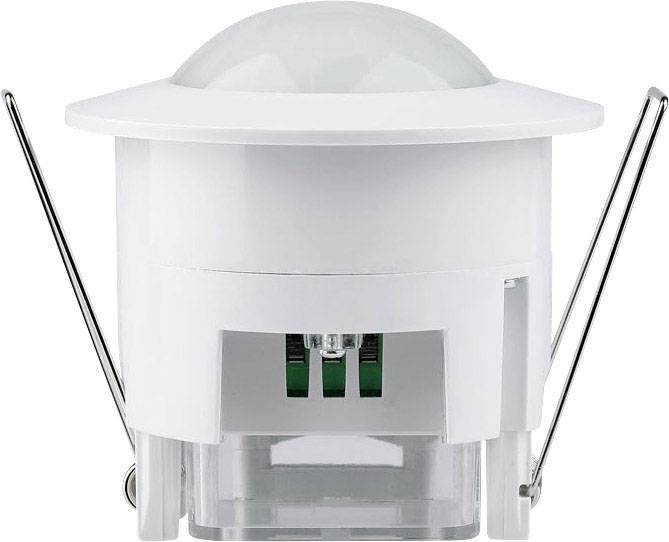 Un sensore bianco e rotondo con supporti metallici, probabilmente un sensore di movimento o un rilevatore di fumo, idoneo per il montaggio a soffitto.
