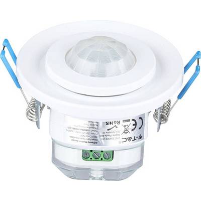 Un rilevatore di movimento rotondo, bianco, per soffitto, con due clip di fissaggio blu e una griglia di copertura trasparente sul lato frontale.