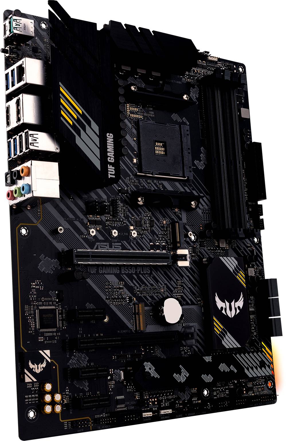 Una scheda madre nera con diversi slot e connettori, tra cui porte USB e jack audio. Il nome del marchio 'TUF Gaming' è visibile.