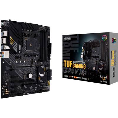 Una scheda madre da gaming del marchio ASUS, modello TUF Gaming B550-Plus, accanto alla sua confezione. Adatta per processori AMD.