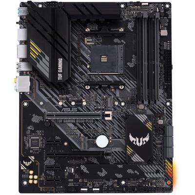 Scheda madre ASUS TUF Gaming B550-Plus nera con multipli slot PCIe, porte USB e un design dei dissipatori di calore distintivo.