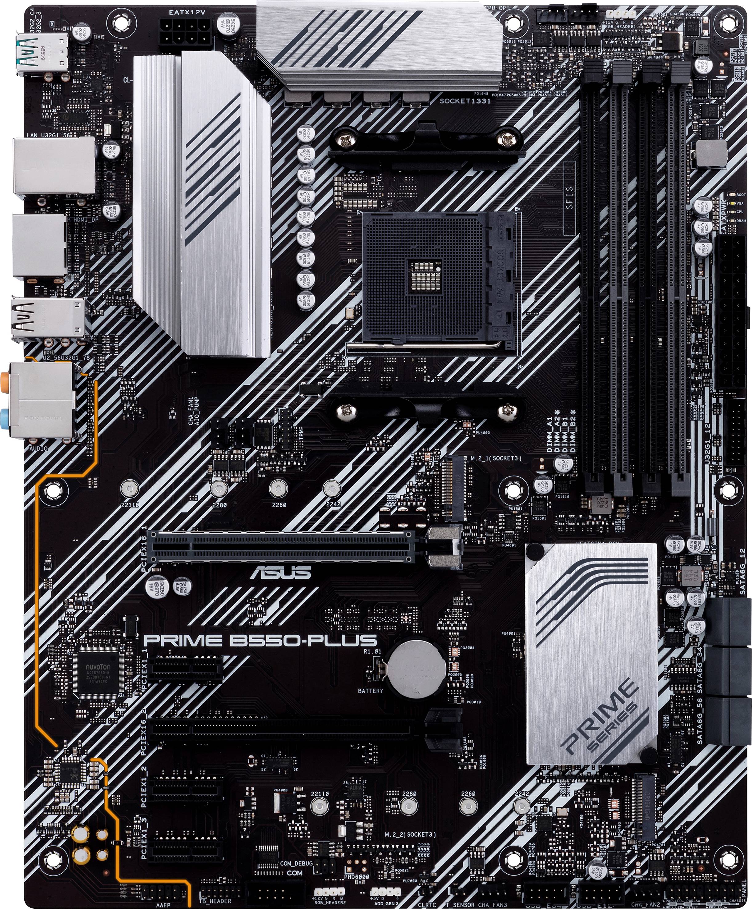 'Scheda madre ASUS Prime B550-Plus nera con dissipatori di calore argentati, quattro slot RAM e diversi connettori per componenti PC.'