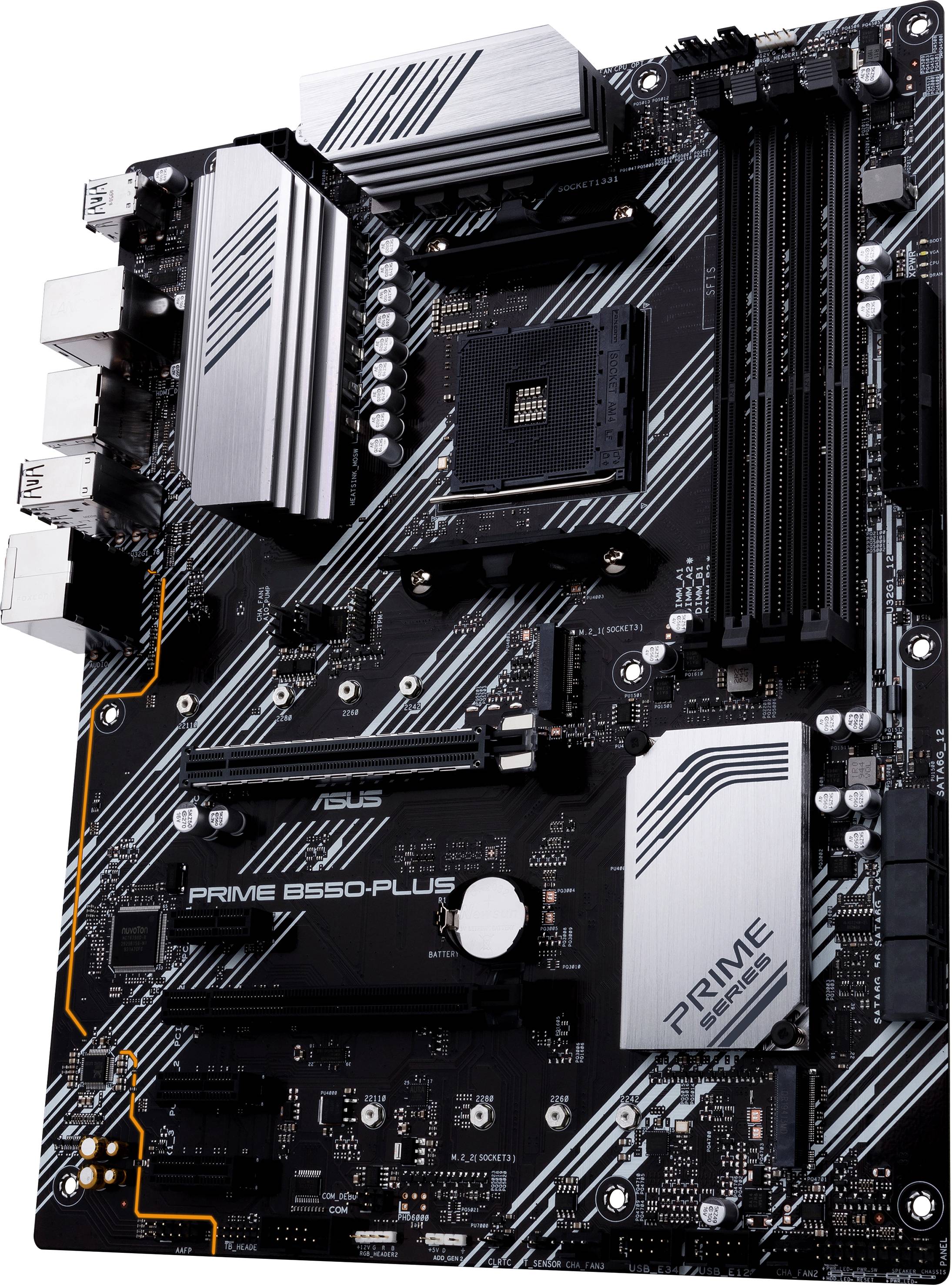 Una scheda madre di tipo 'Prime B550-Plus' con diversi slot per RAM, slot PCIe e connettori per componenti del computer.