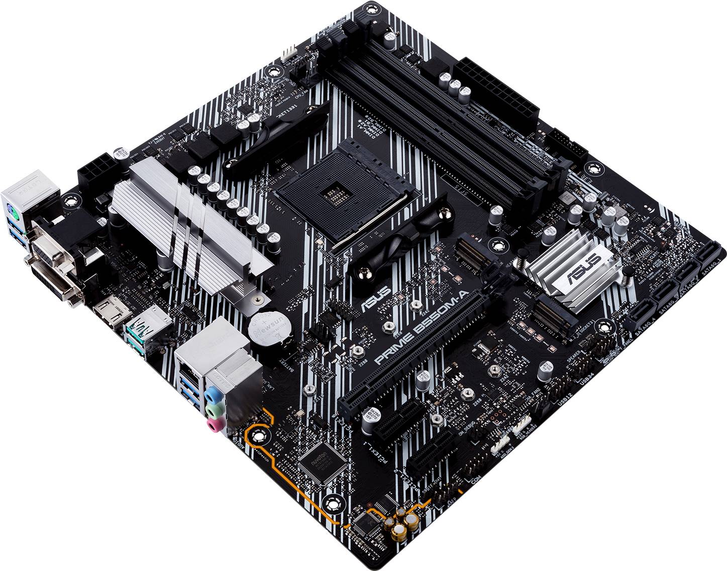 L'immagine mostra una scheda madre ASUS PRIME B350M-A con connettori, slot di memoria e un dissipatore di calore chiaramente visibili.