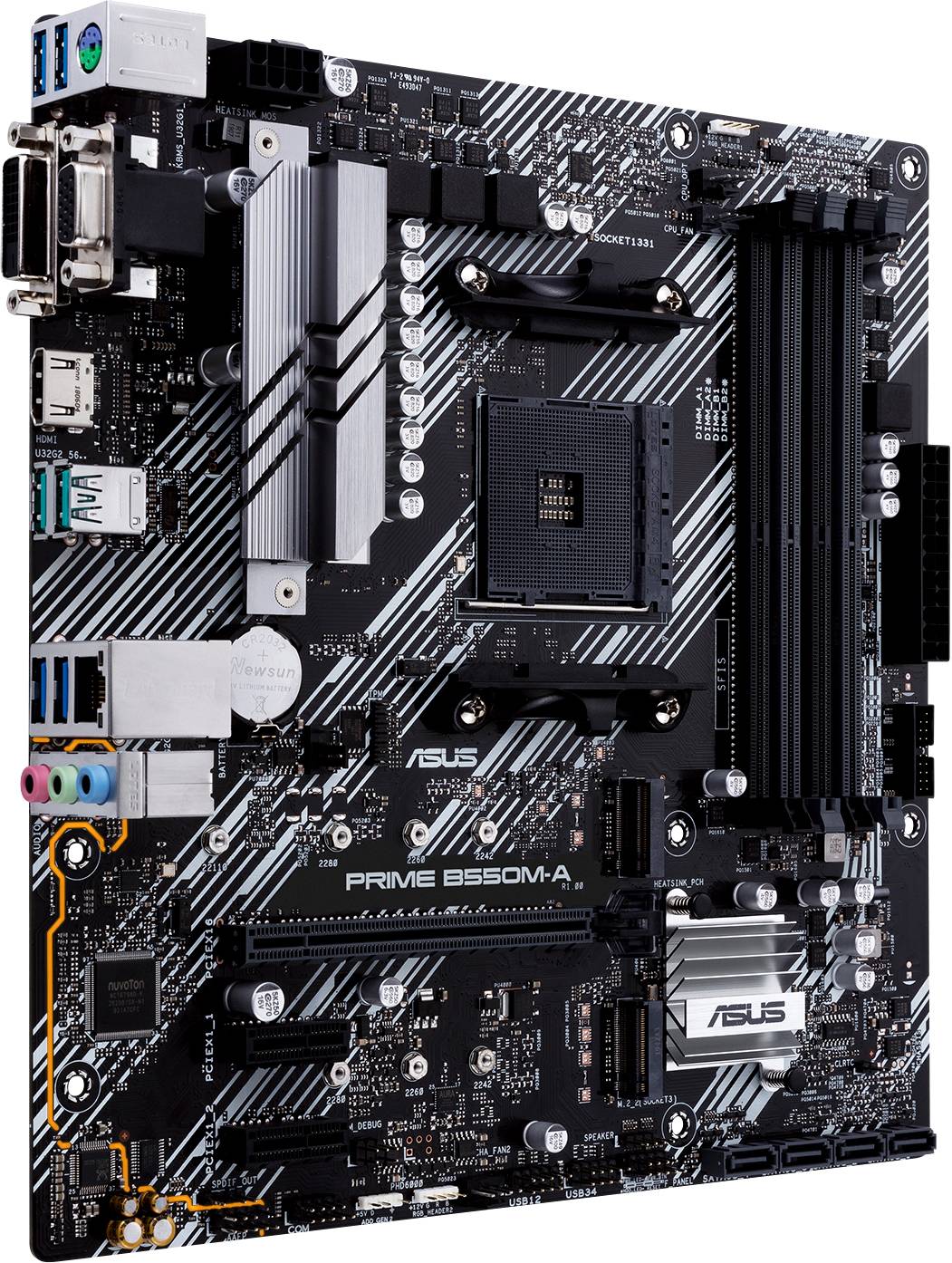 Scheda madre ASUS PRIME B550M-A, mostra le porte di connessione, gli slot RAM e i dissipatori di calore sulla scheda per l'assemblaggio del computer.