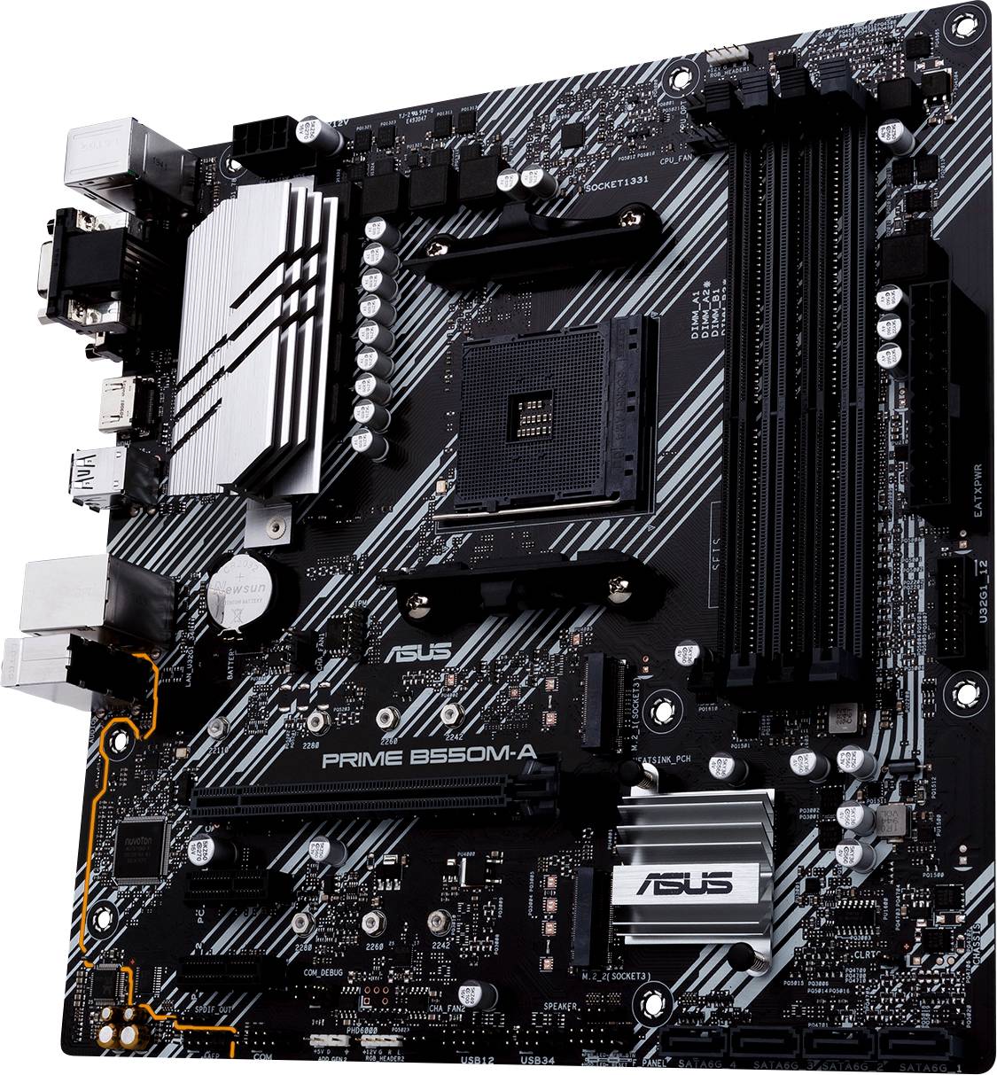 Una scheda madre nera ASUS, modello 'PRIME B550M-A', con vari slot e connettori per componenti hardware del computer.