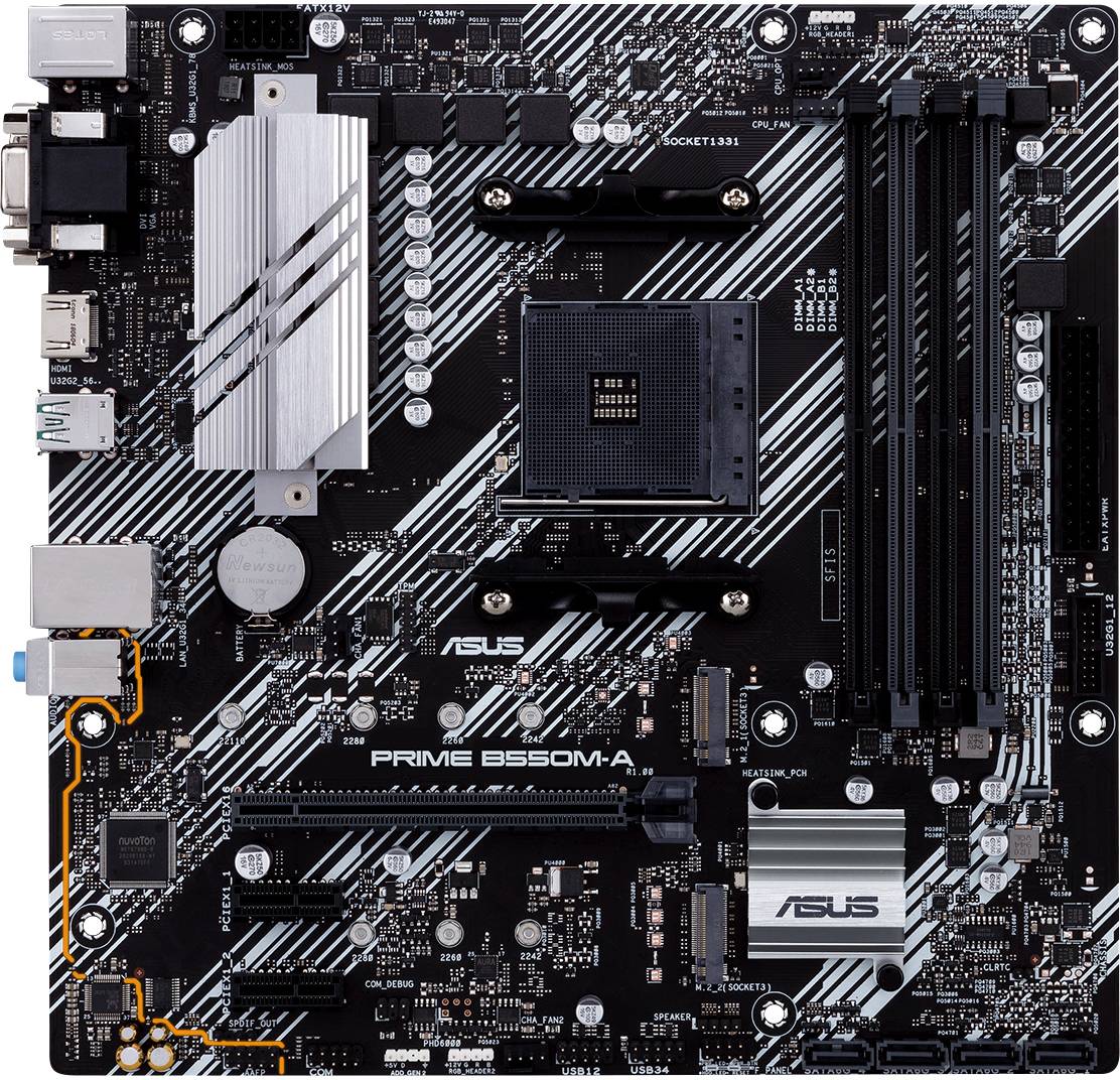 Una scheda madre ASUS nera modello 'PRIME B550M-A', con numerose porte e slot di espansione.