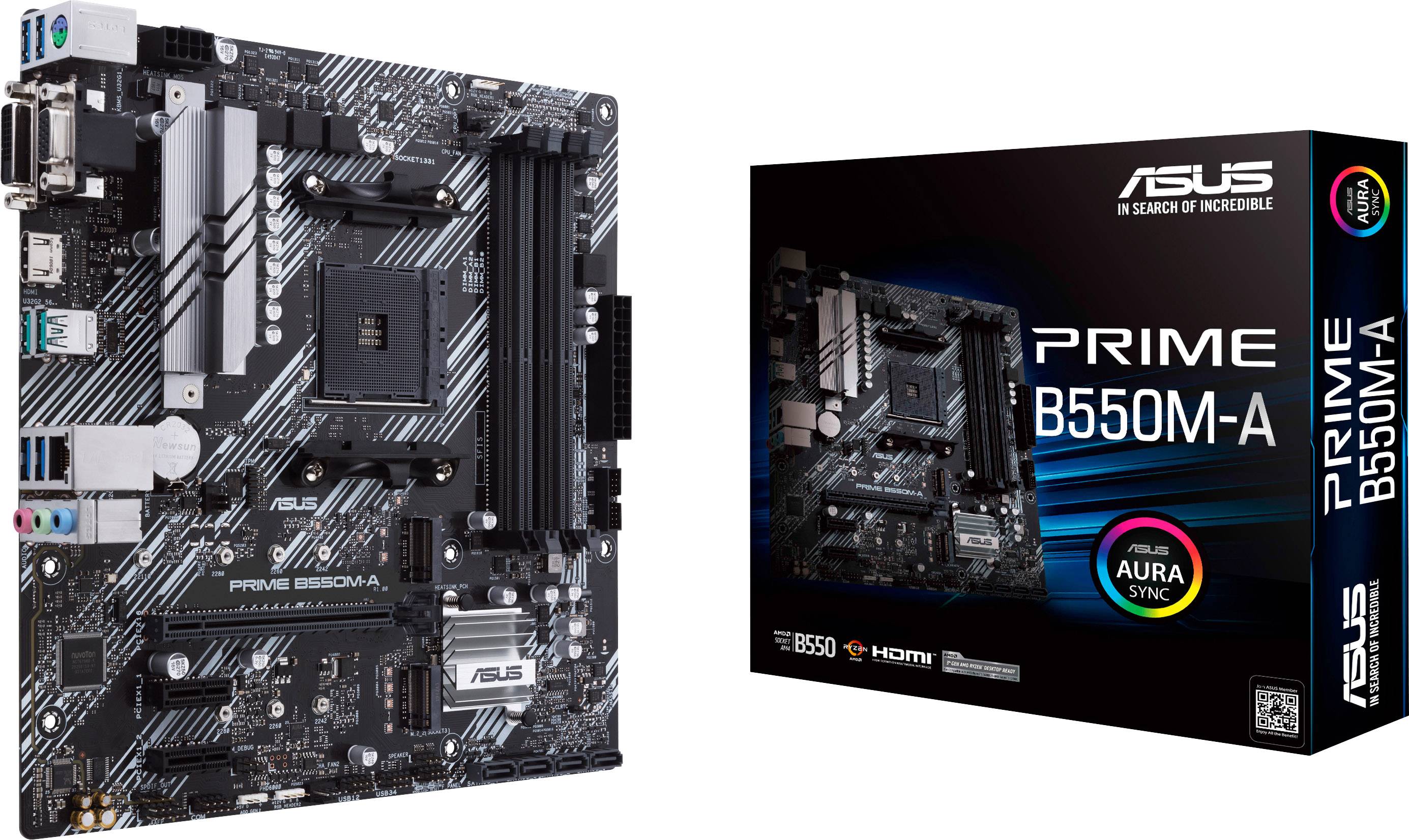 Una scheda madre ASUS Prime B550M-A accanto alla sua confezione. La confezione evidenzia la compatibilità con 'Aura Sync' e 'B550'.