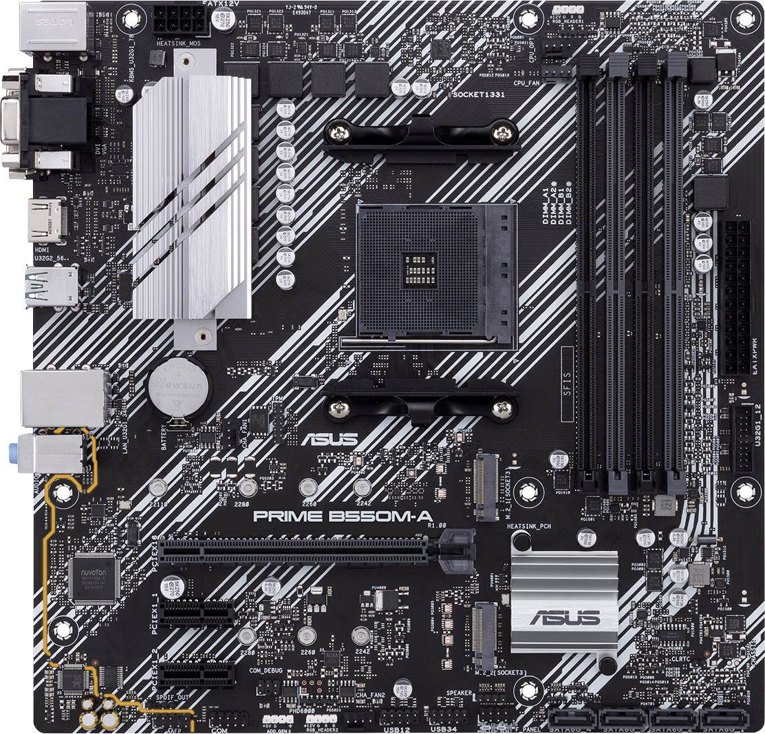 Una scheda madre ASUS Prime B550M-A con diversi slot PCIe, slot per RAM, socket per CPU e connettori tipici.