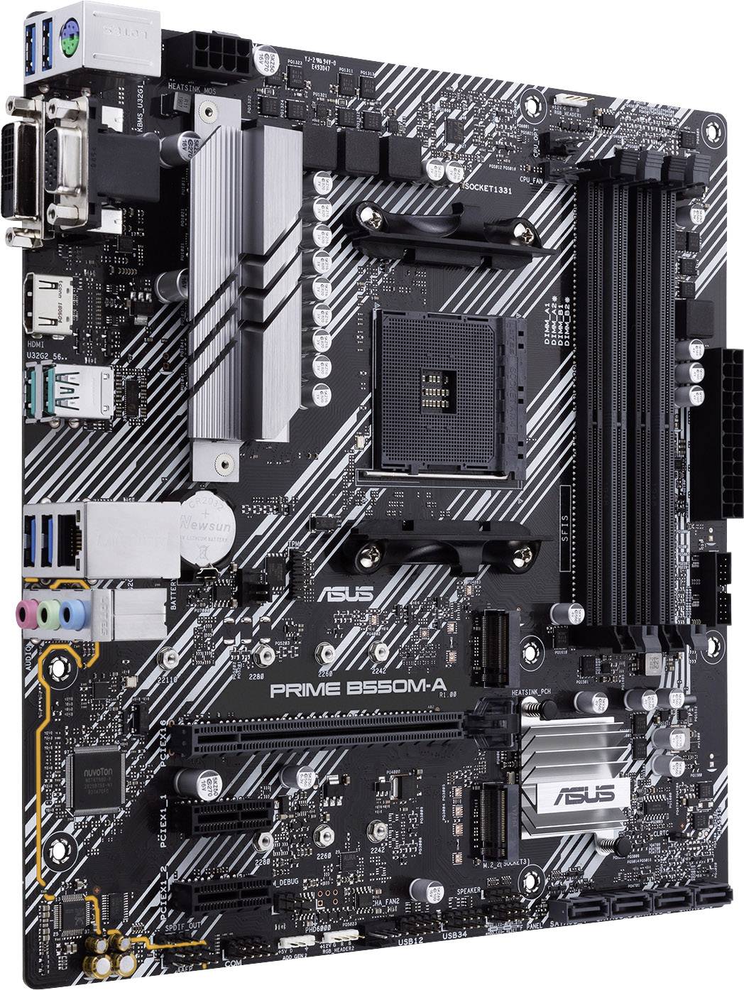 Una scheda madre Asus Prime B550M-A nera con diversi slot e connettori, adatta per applicazioni informatiche ad alte prestazioni.