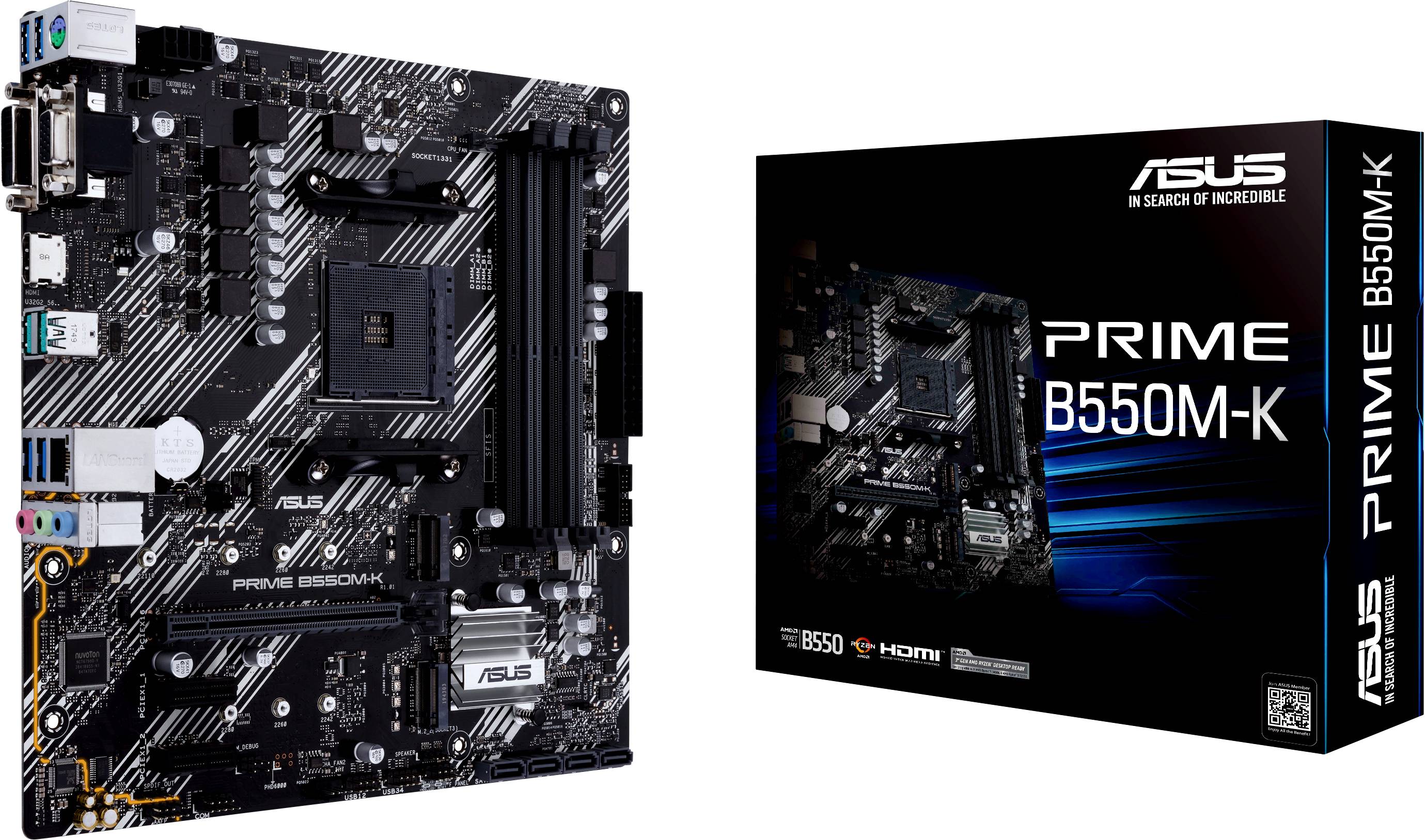 Scheda madre ASUS Prime B550M-K accanto alla sua confezione, che mostra informazioni tecniche e un'immagine della scheda madre.