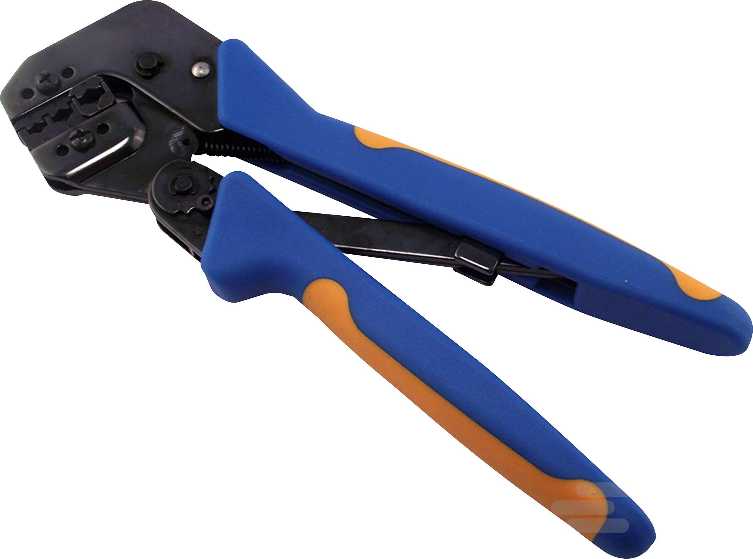 Una pinza crimpatrice blu con impugnature arancioni su una superficie bianca. Strumento principale per collegare connettori e cavi.