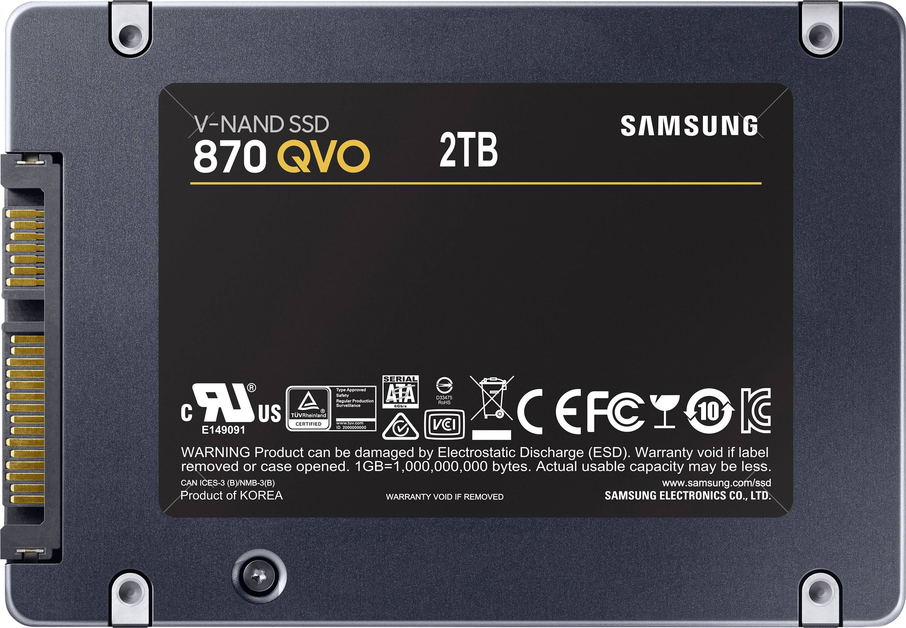SSD Samsung 870 QVO 2TB V-NAND, nero, retro con specifiche tecniche e loghi per standard di sicurezza e ambiente.