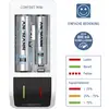 'COMFORT MINI' Caricabatterie con due batterie inserite. L'etichetta mostra il processo di carica, lo stato della capacità e la ricarica rapida fino a 800 mA.
