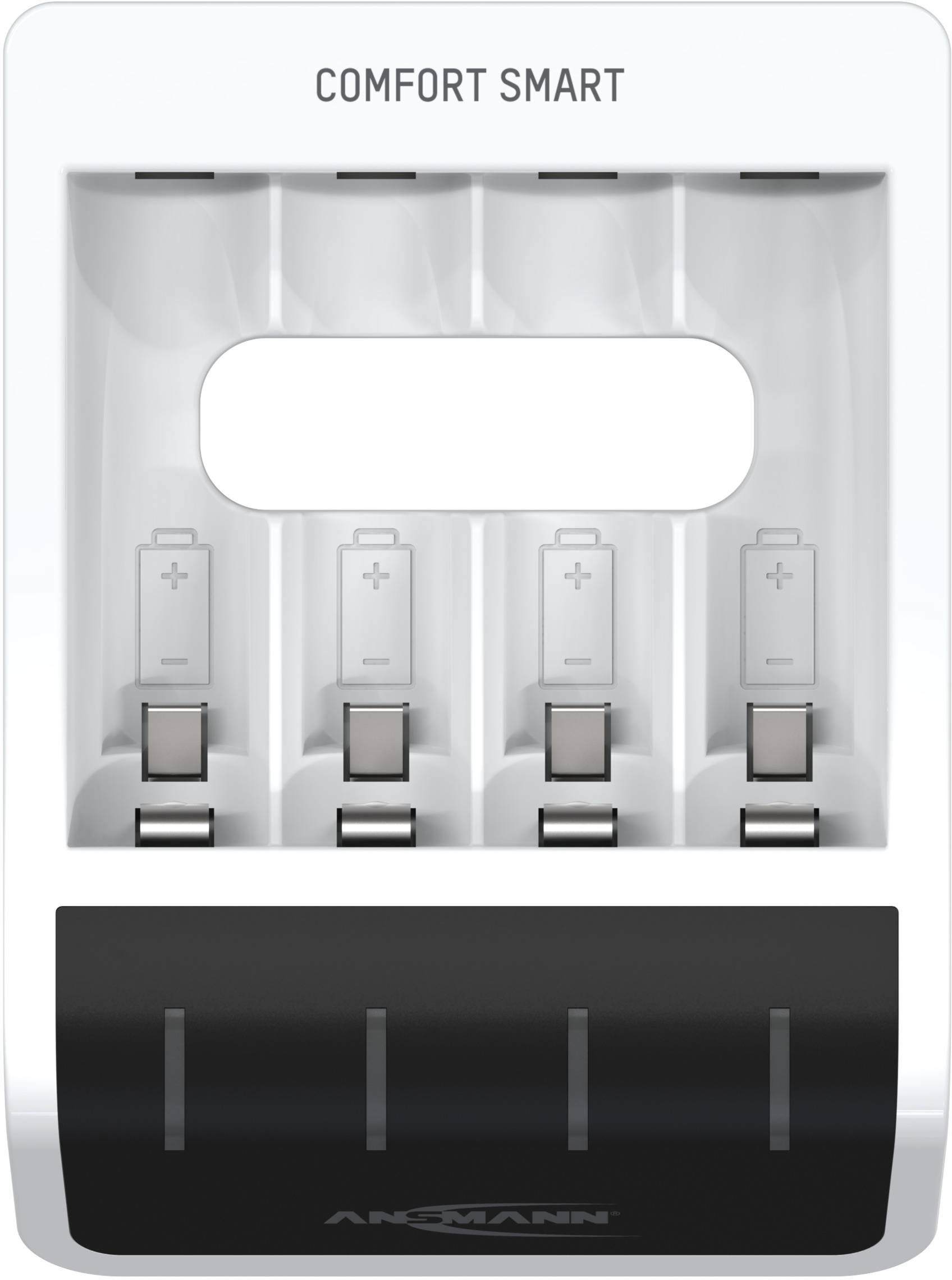 Caricabatterie 'Comfort Smart' con quattro slot per batterie AA e AAA, vano vuoto, design bianco e nero.