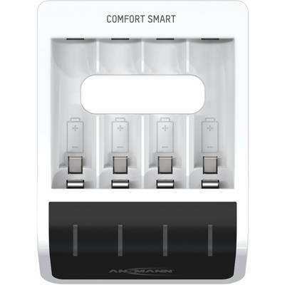 Caricabatterie 'Comfort Smart' con quattro slot per batterie AA e AAA, vano vuoto, design bianco e nero.