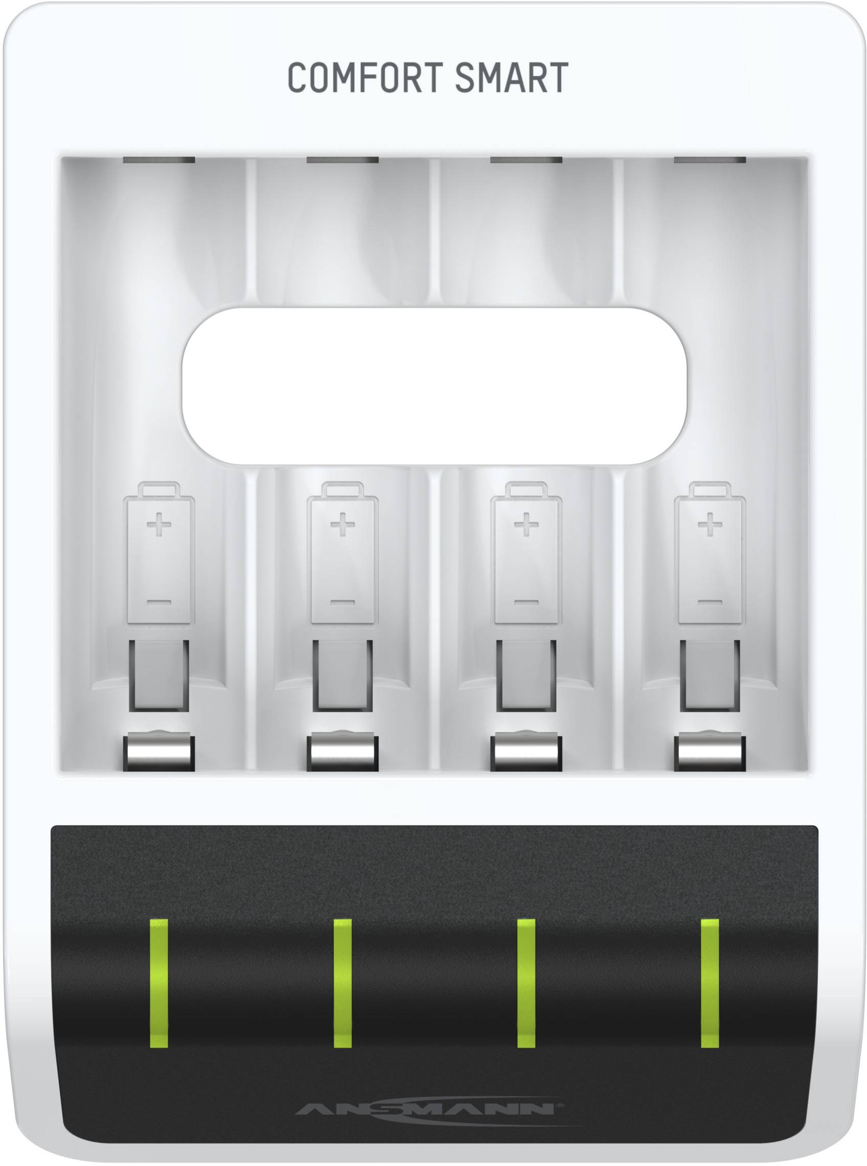 Caricabatterie con quattro slot per batterie, indicatori LED verdi e la scritta 'Comfort Smart' in alto.