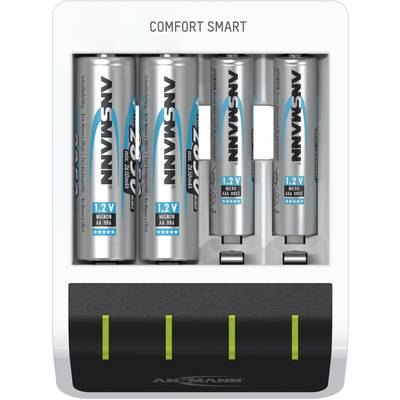 Caricabatterie con quattro batterie ricaricabili AA del marchio Ansmann, tutte identificabili grazie alle etichette blu e argentate visibili.