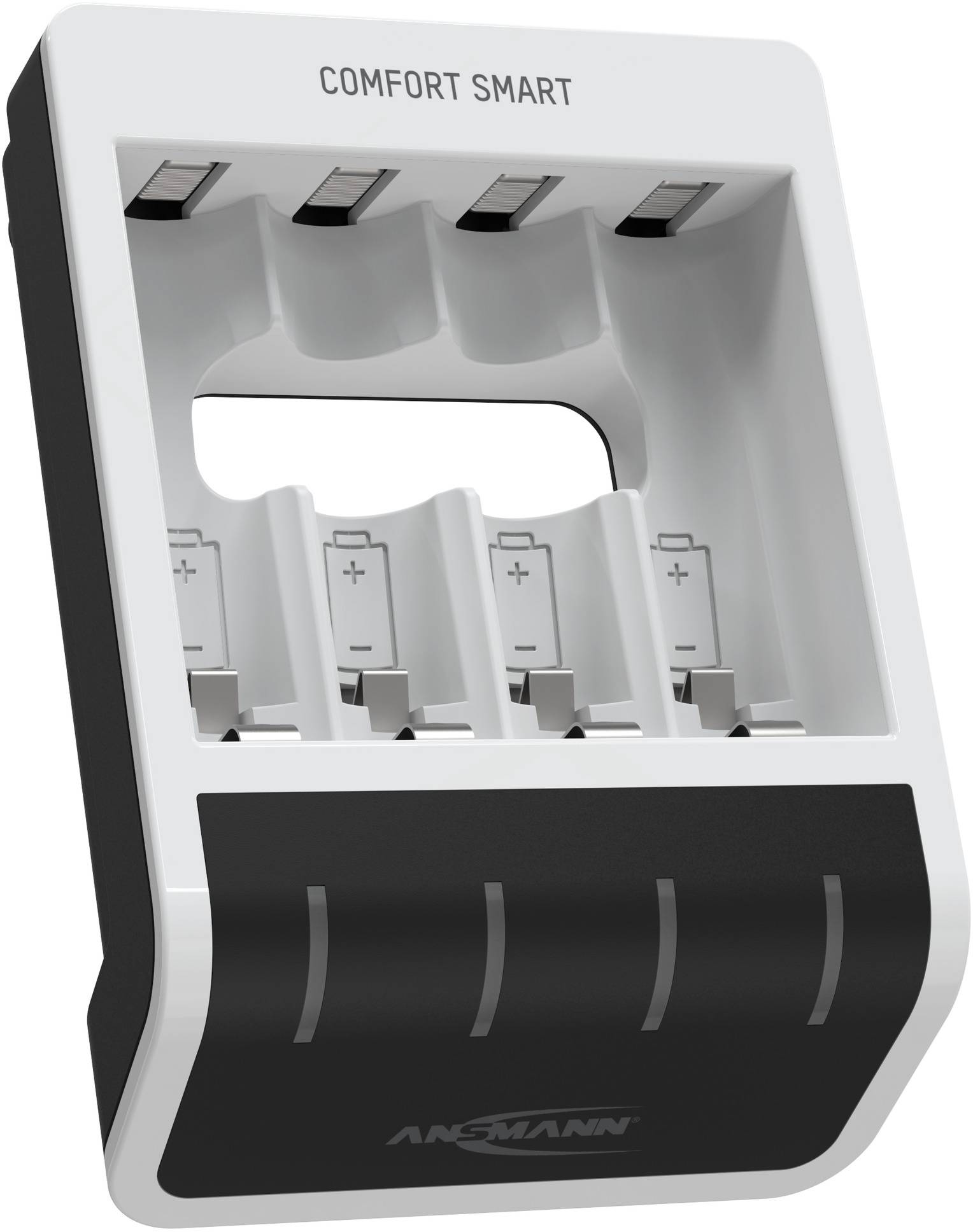 Un caricabatterie con la scritta 'Comfort Smart', quattro slot di carica e contatti contrassegnati dalla polarità.