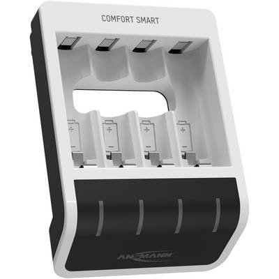 Un caricabatterie con la scritta 'Comfort Smart', quattro slot di carica e contatti contrassegnati dalla polarità.