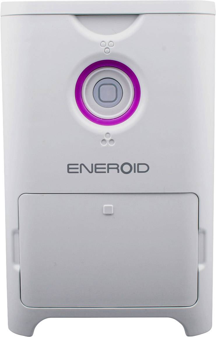 Caricabatterie automatico con pulsante illuminato di colore viola e logo del marchio 'ENEROID' sulla parte frontale.