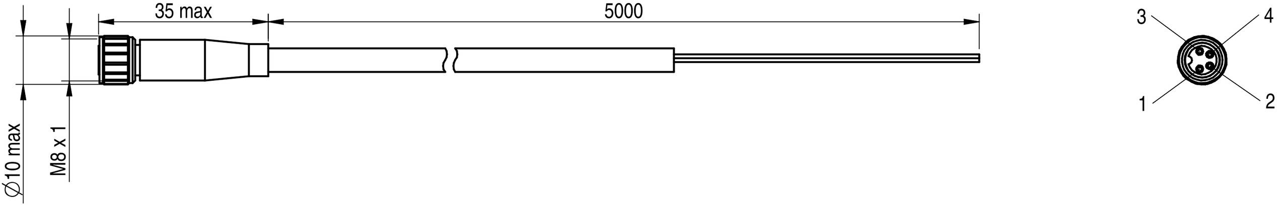 Disegno tecnico di un sensore cilindrico con le seguenti dimensioni: lunghezza 5000 mm, diametro 10 mm, filettatura M8, con connessioni numerate.