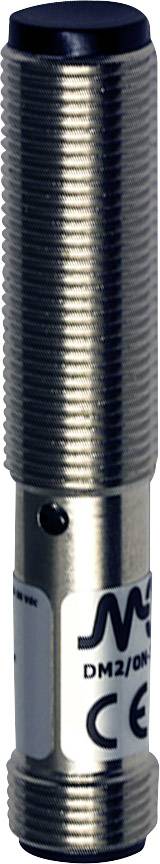Un sensore cilindrico con involucro metallico scanalato, contrassegnato CE e con numero di parte. Utilizzato per la misurazione della distanza.