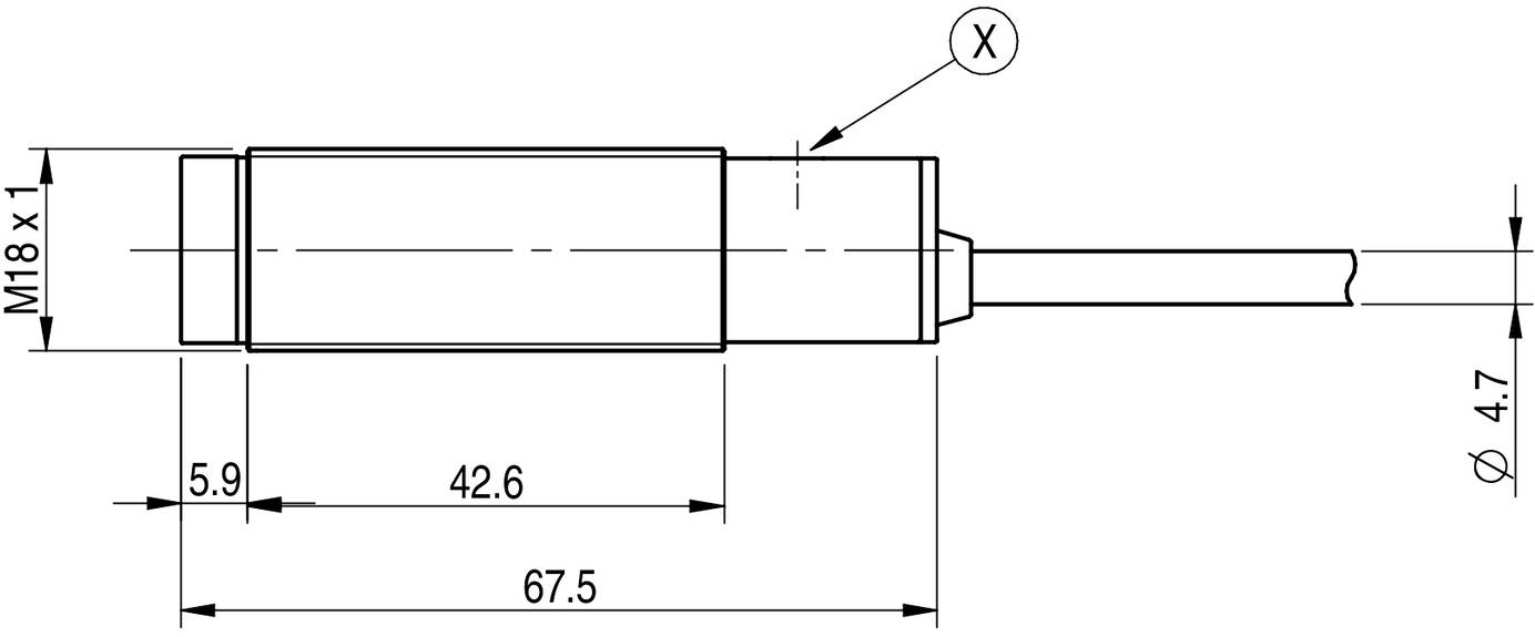 Disegno tecnico di un oggetto cilindrico con dimensioni: lunghezza 67,5 mm, diametro 18 mm. Marcatura in corrispondenza del punto di connessione indica il cavo.