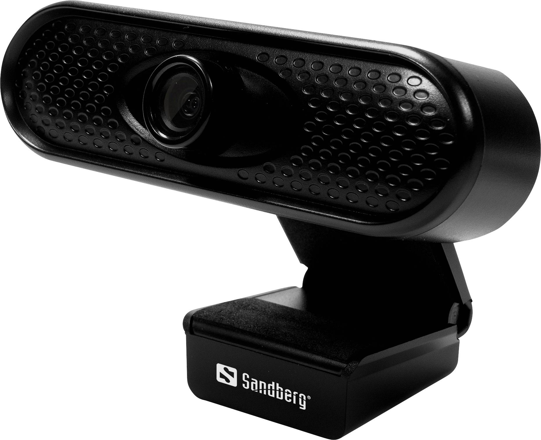 Una webcam nera con design perforato sul davanti e il logo 'Sandberg' sul piedistallo.