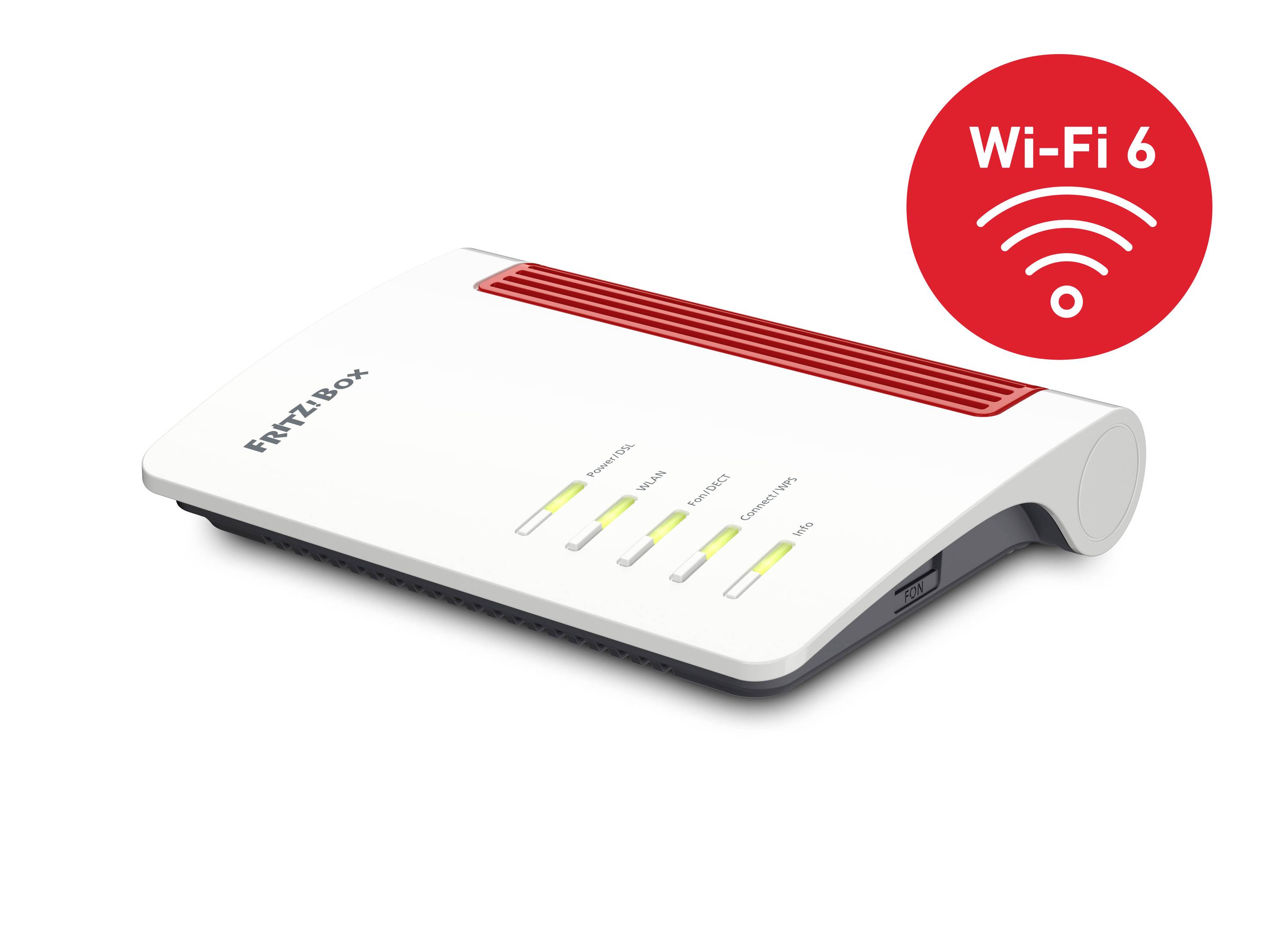 Un router bianco con accenti rossi, denominato 'Fritz!Box', supporta Wi-Fi 6. Testo: 'Nuova versione Wi-Fi 6'.