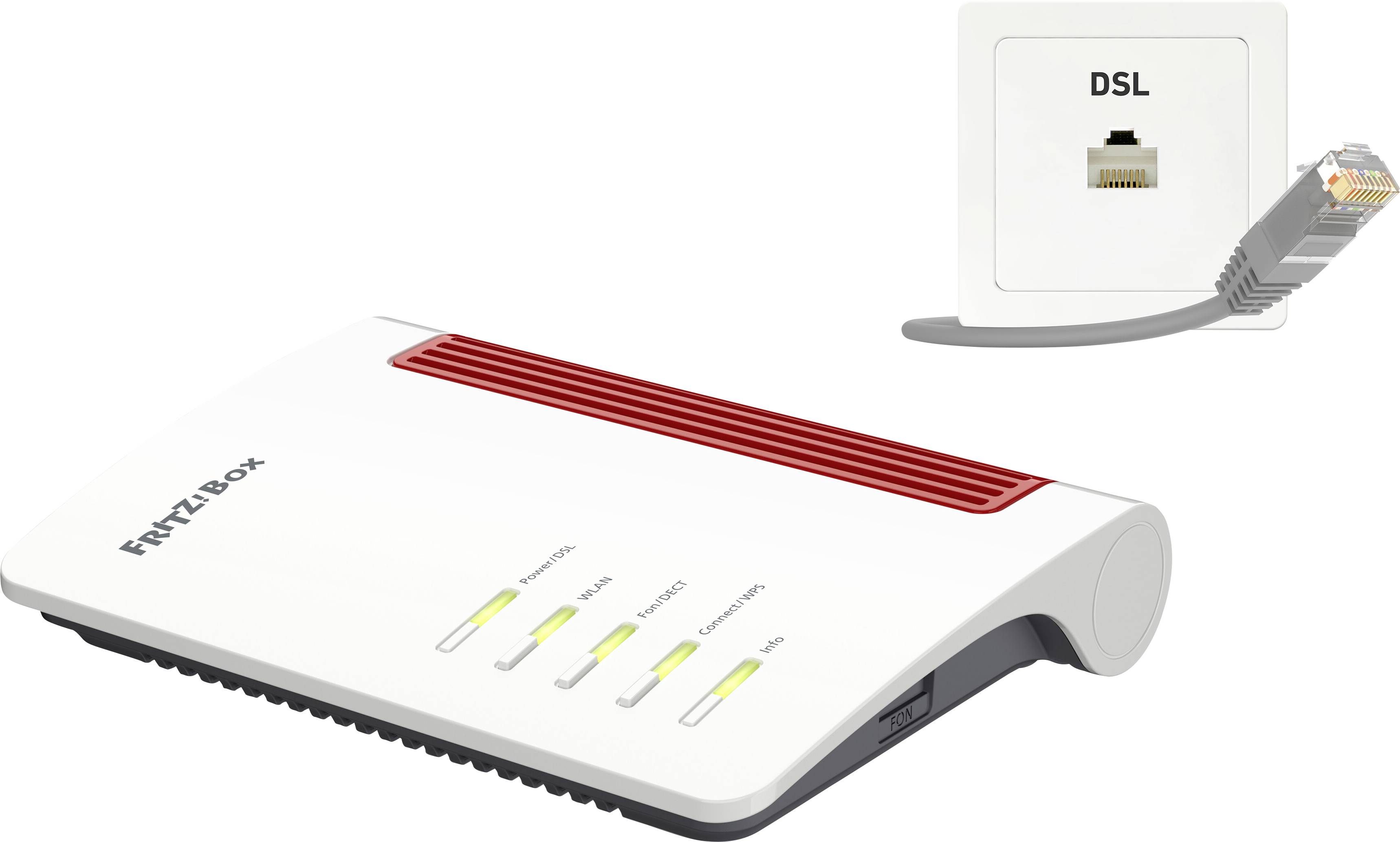 Un router bianco con accenti rossi, con la scritta 'Fritz!Box', accanto a una presa DSL con un cavo di rete inserito.