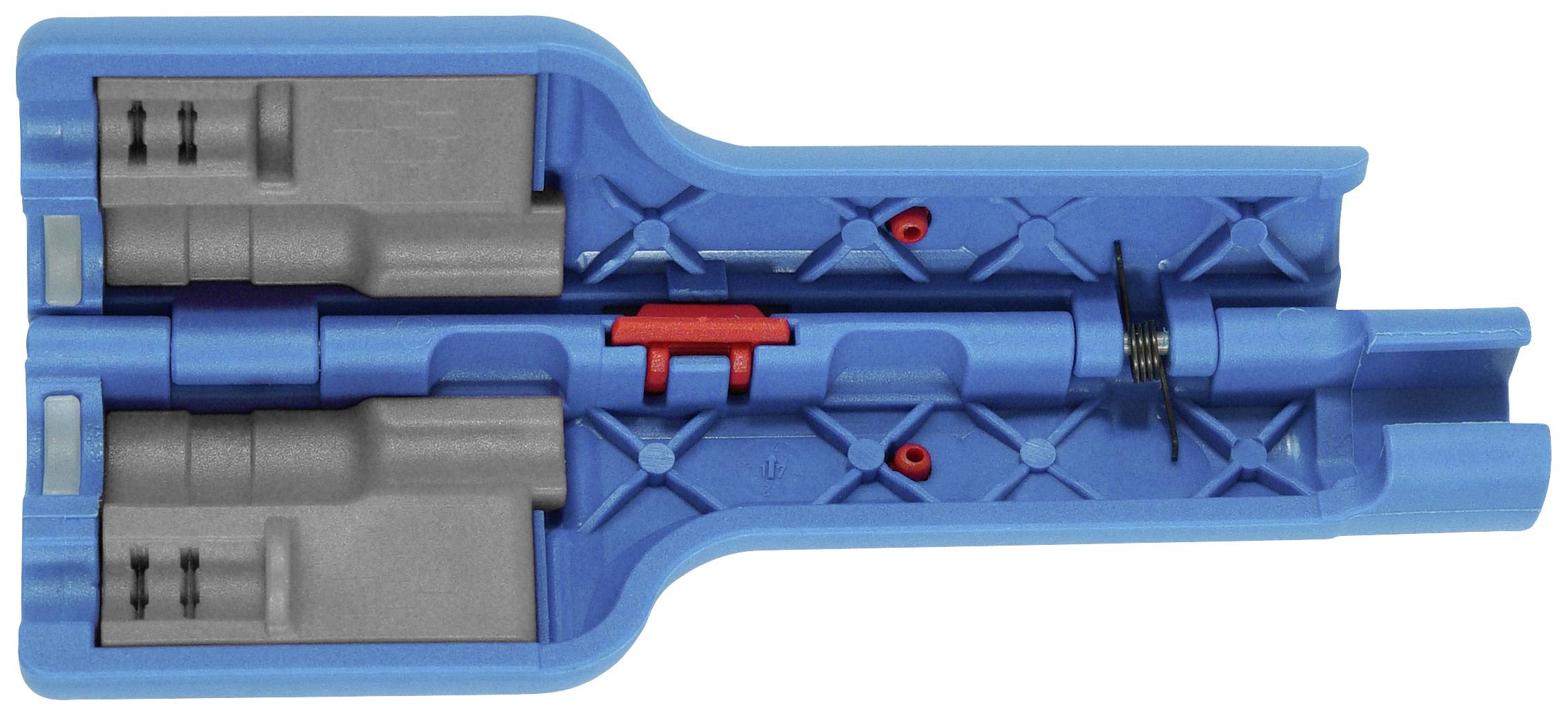 Componente blu-grigia con dispositivo di scorrimento rosso e molla, presumibilmente in plastica, che mostra la sezione trasversale di un dispositivo tecnico.