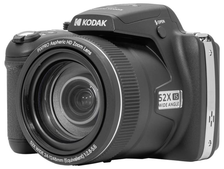 Una fotocamera digitale Kodak PIXPRO con obiettivo zoom ottico 52X, che presenta un elegante design nero e etichette con le caratteristiche dell'obiettivo.