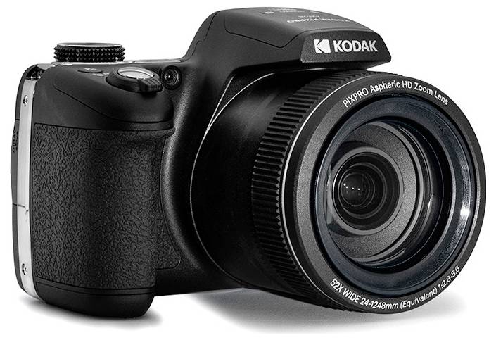 Una fotocamera Kodak nera con un prominente obiettivo zoom, dotata di comandi in alto e impugnatura laterale, progettata per la fotografia.