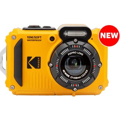 Fotocamera impermeabile gialla con logo 'Kodak', contrassegno di impermeabilità 15M/50FT e simbolo rosso 'NEW' in alto a destra.