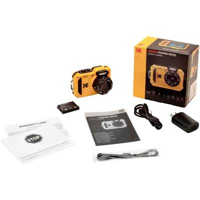 Fotocamera digitale Kodak PIXPRO WPZ2 in giallo con confezione, batteria, caricabatteria, cavo USB, manuale di istruzioni e scheda di garanzia.