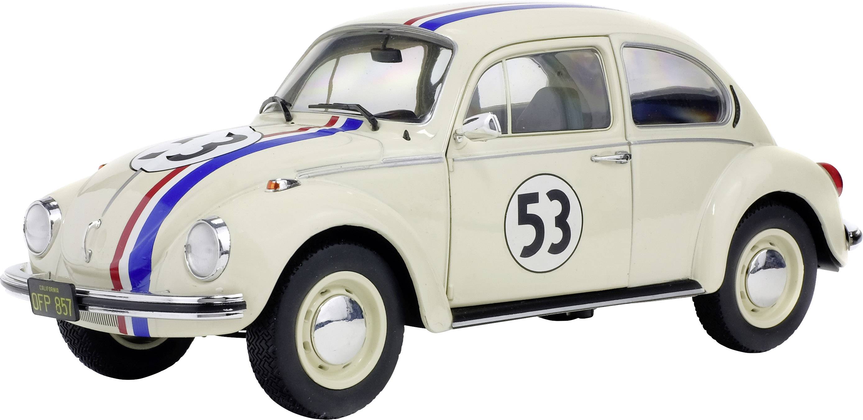 Un Volkswagen Beetle color crema con il numero 53 sulle portiere e sul cofano. Ha strisce rosse e blu lungo l'auto.