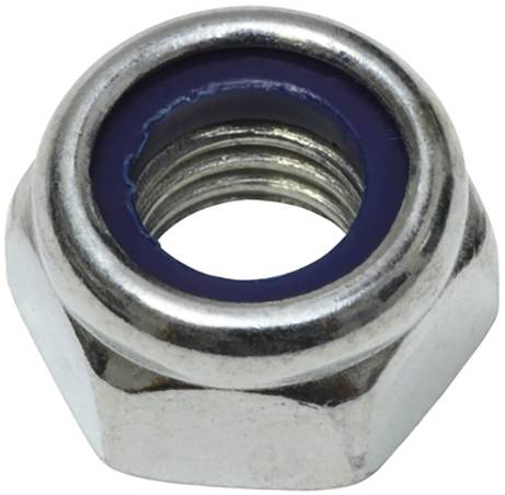 Un dado autobloccante in argento con inserto blu in nylon per la sicurezza delle viti.