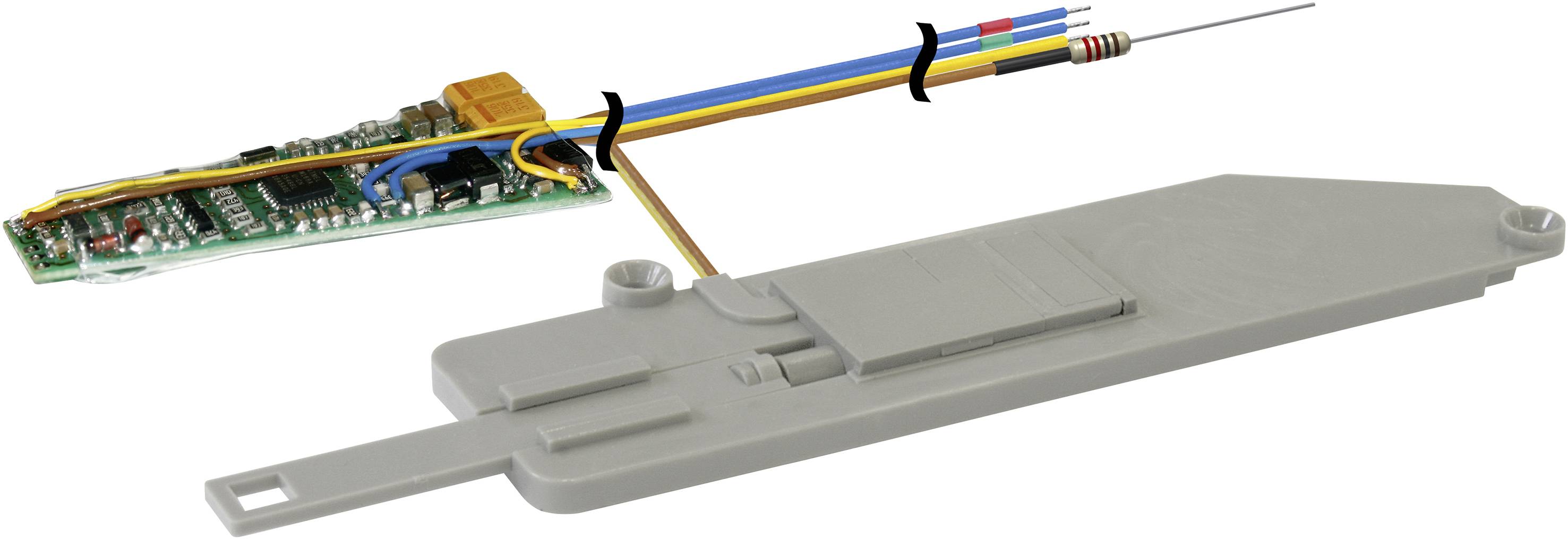 Scheda elettronica con cavi, collegata a un alloggiamento del sensore. Contiene circuiti e componenti per il controllo e il monitoraggio.