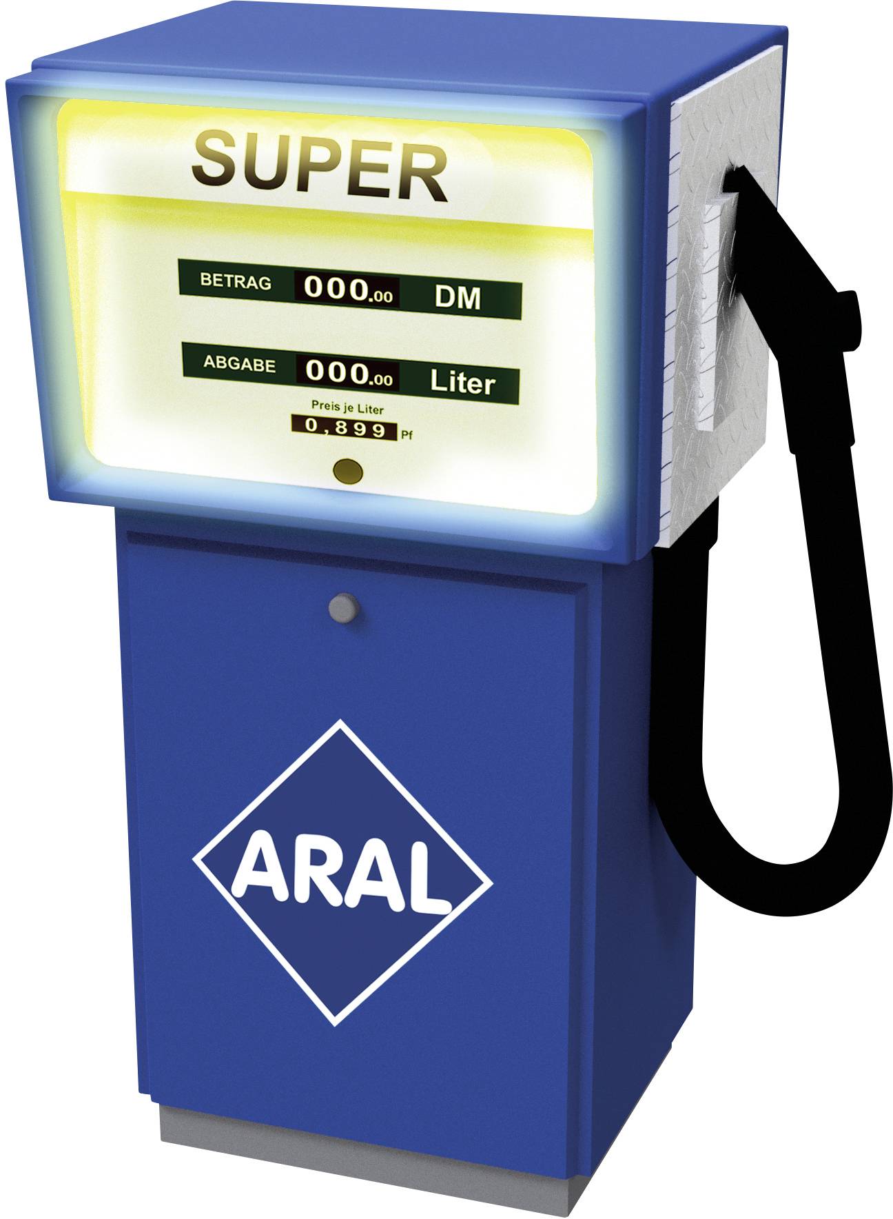 Una colonnina di benzina Aral blu con la scritta 'Super'. Il display mostra 'Importo 000,00 DM' e 'Erogazione 000,00 litri'.