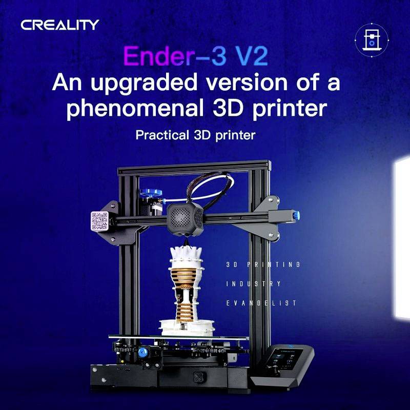 Stampante 3D Ender-3 V2 di Creality, pubblicizzata come versione pratica e migliorata di una stampante 3D fenomenale.
