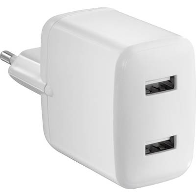 Un caricabatterie bianco con due porte USB, utilizzato per caricare dispositivi elettronici.