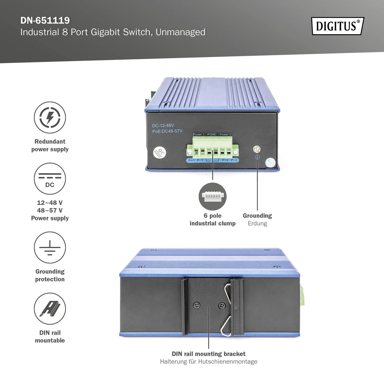 Switch industriale Gigabit a 8 porte di Digitus, modello DN-651119, non gestito, supporta alimentazione ridondante e montaggio su guida DIN.
