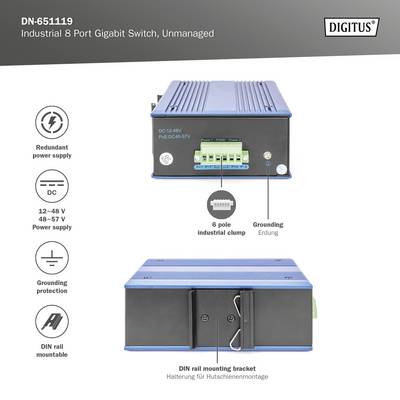 Switch industriale Gigabit a 8 porte di Digitus, modello DN-651119, non gestito, supporta alimentazione ridondante e montaggio su guida DIN.