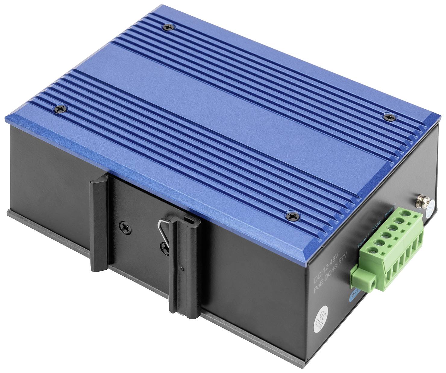 Dispositivo industriale blu, rettangolare, con base nera e connettori verdi, montabile, destinato al controllo o alle tecnologie di comunicazione.