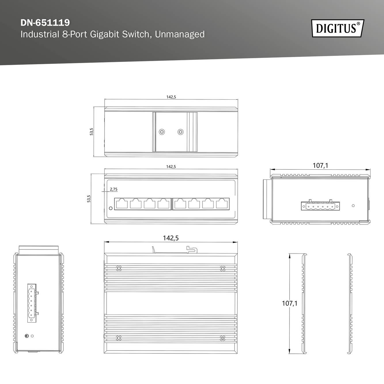 'Disegno tecnico di uno switch Gigabit industriale non gestito a 8 porte, modello DN-651119, con dimensioni in millimetri.'