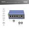 Switch PoE Gigabit industriale a 4 porte con un uplink. Scatola metallica blu con porte RJ45 e indicatori di stato.
