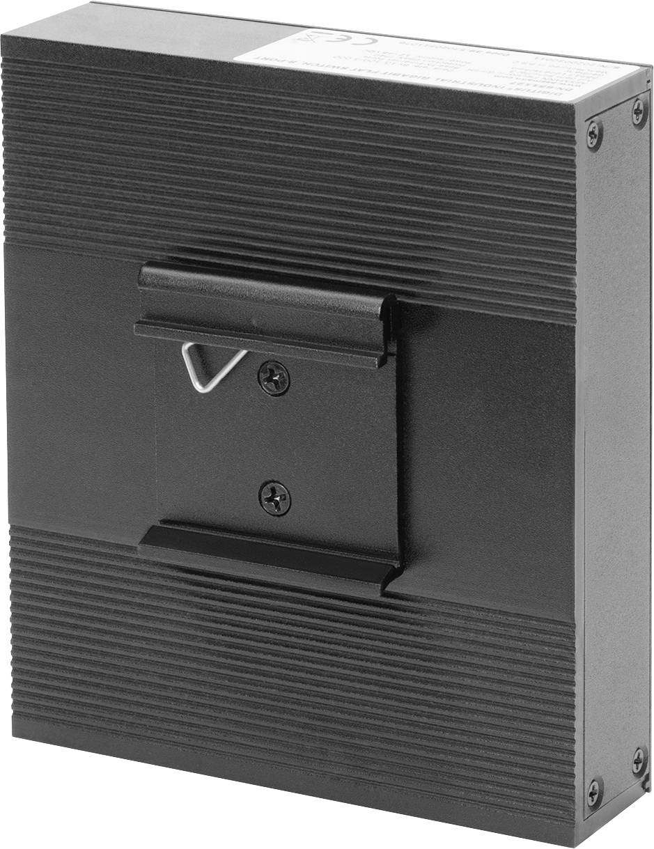 Componente elettronica nera, rettangolare, con una maniglia e viti sul lato frontale.