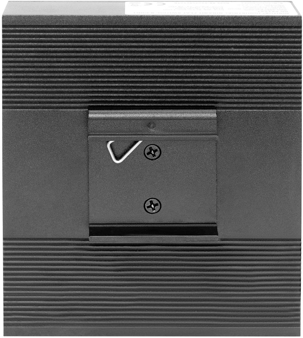 Dispositivo rettangolare in bianco e nero con scanalature orizzontali e un supporto metallico al centro.