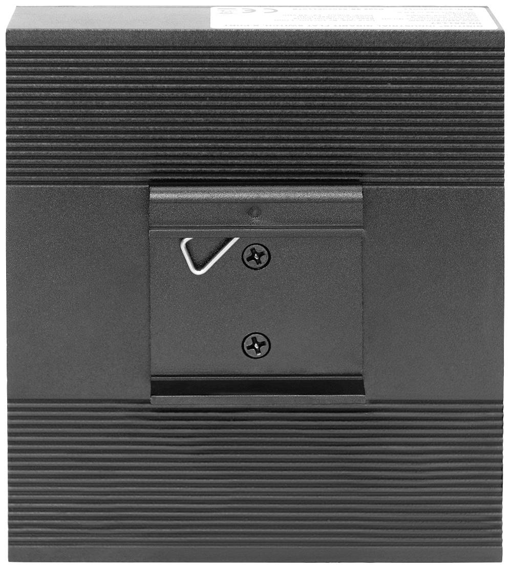 Un dispositivo quadrato, nero e zigrinato con un supporto in metallo e due viti sul lato frontale.